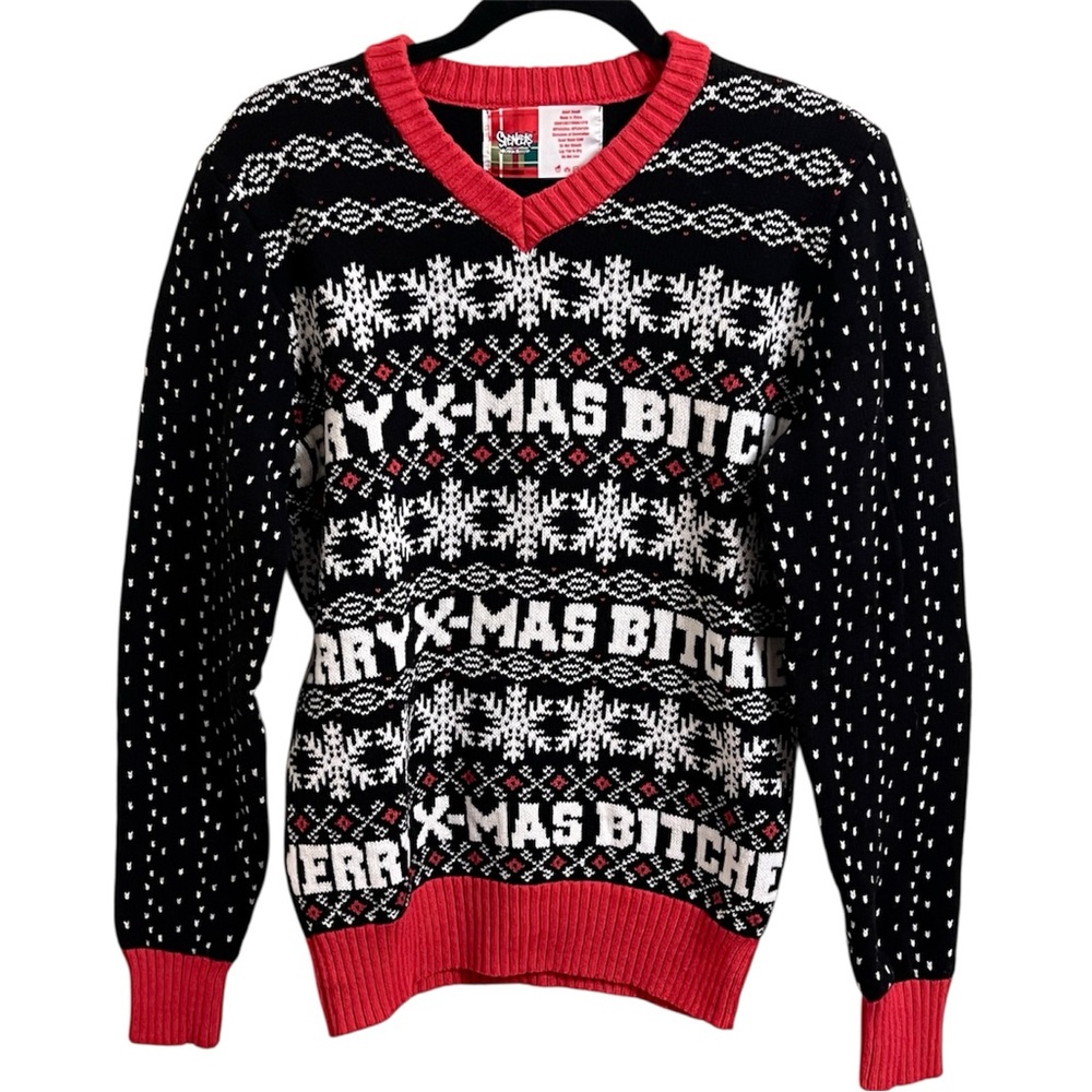 Tipsy Elves Merry Christmas B*tches Black and Red V-Neck Holiday Sweater Small